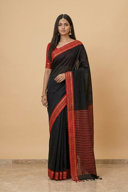 Mercerised Cotton Saree with Jacquard Zari Border in Black Red