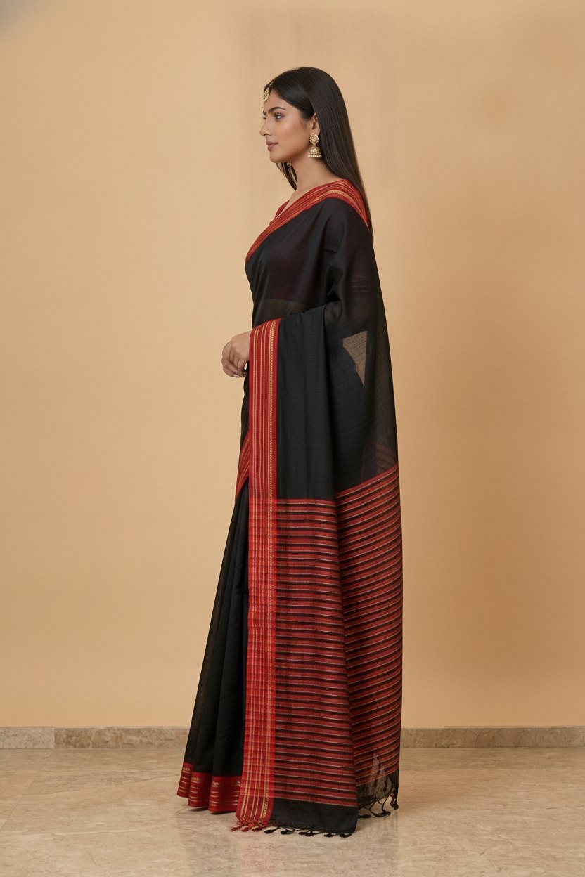 Mercerised Cotton Saree with Jacquard Zari Border in Black Red