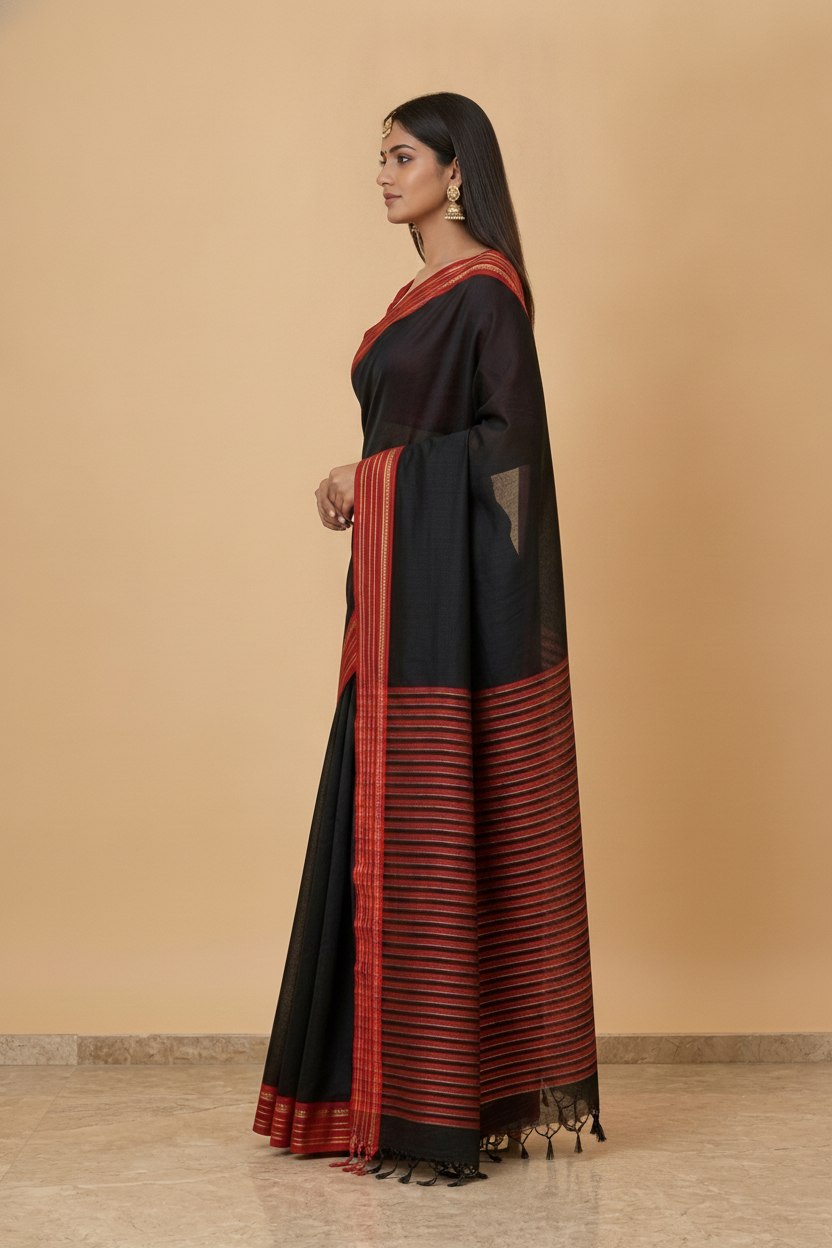 Mercerised Cotton Saree with Jacquard Zari Border in Black Red