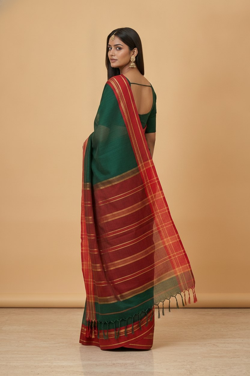 Mercerised Cotton Saree with Jacquard Zari Border in Green Red