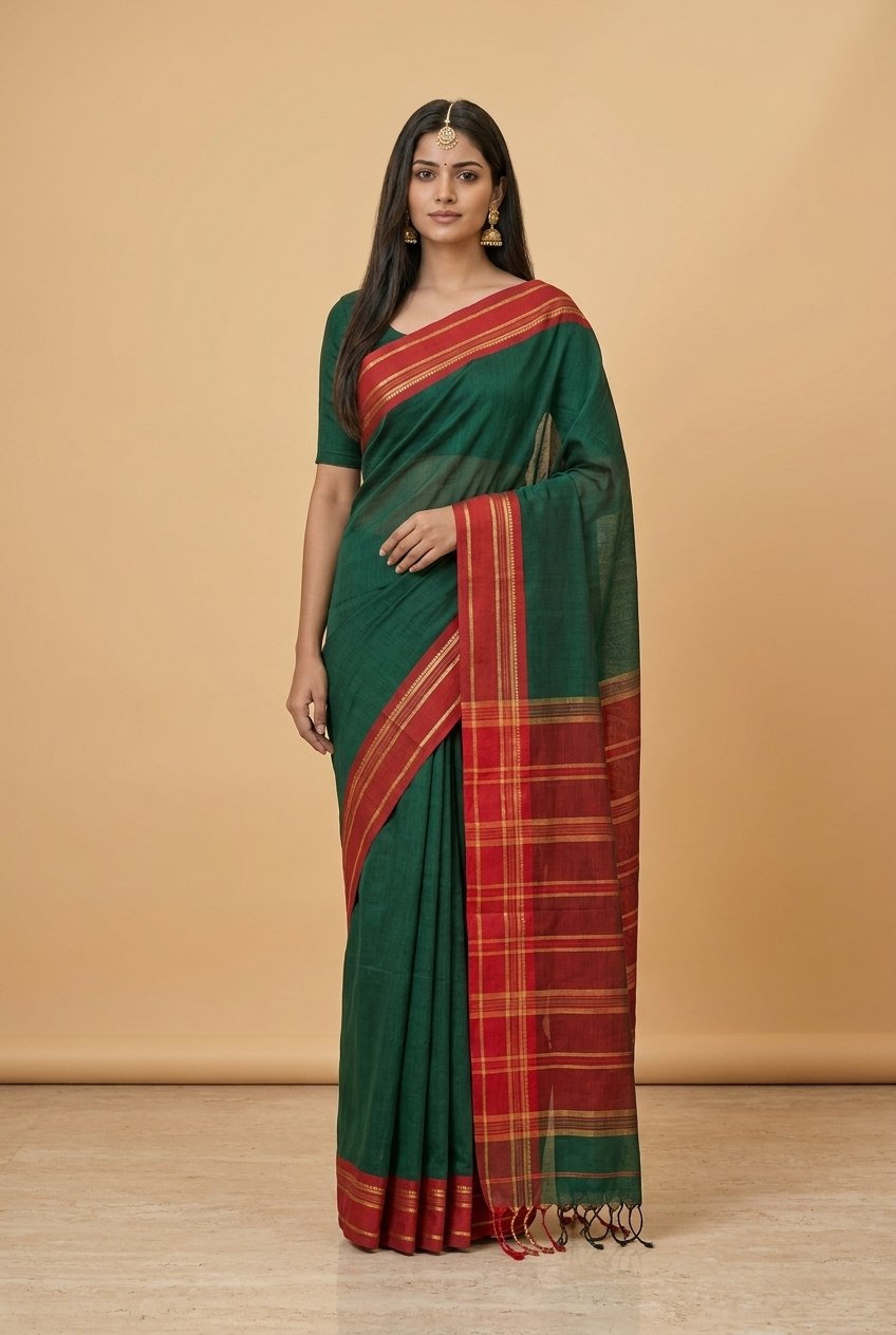 Mercerised Cotton Saree with Jacquard Zari Border in Green Red