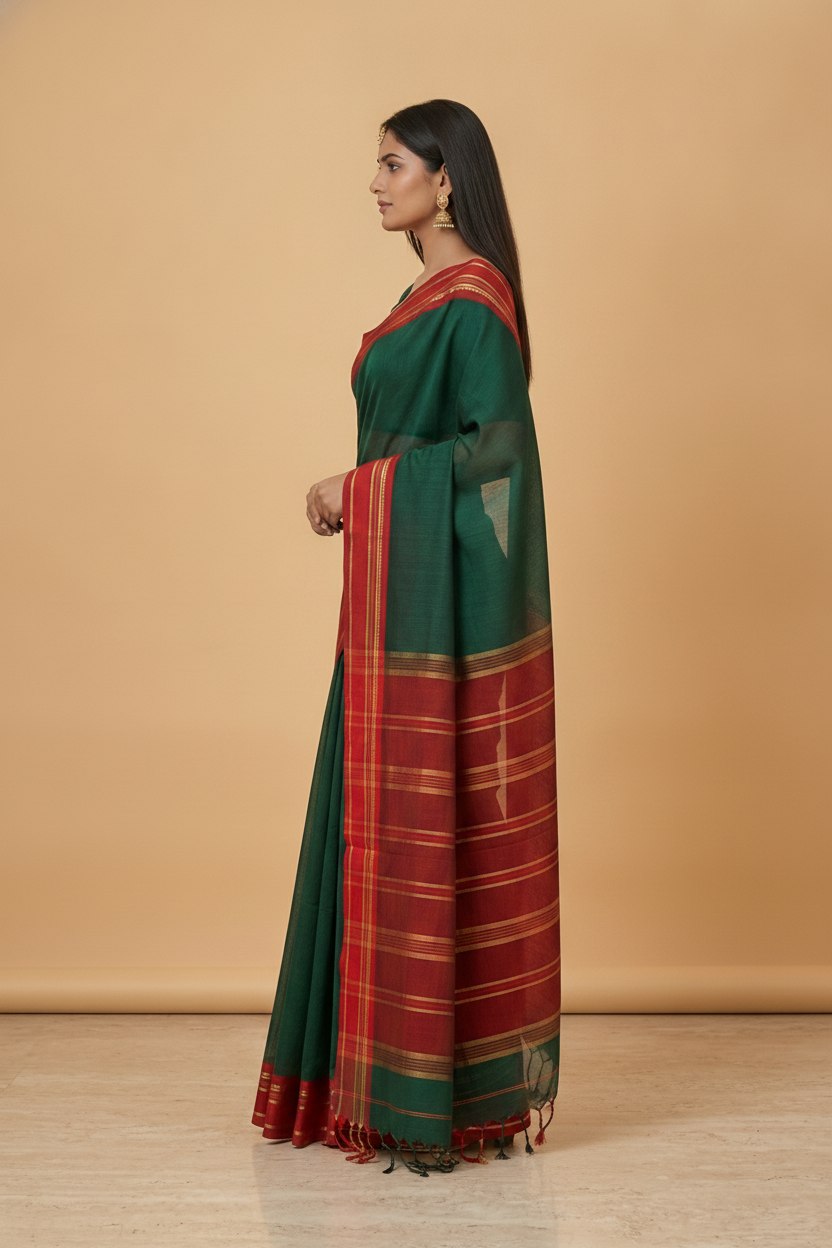 Mercerised Cotton Saree with Jacquard Zari Border in Green Red