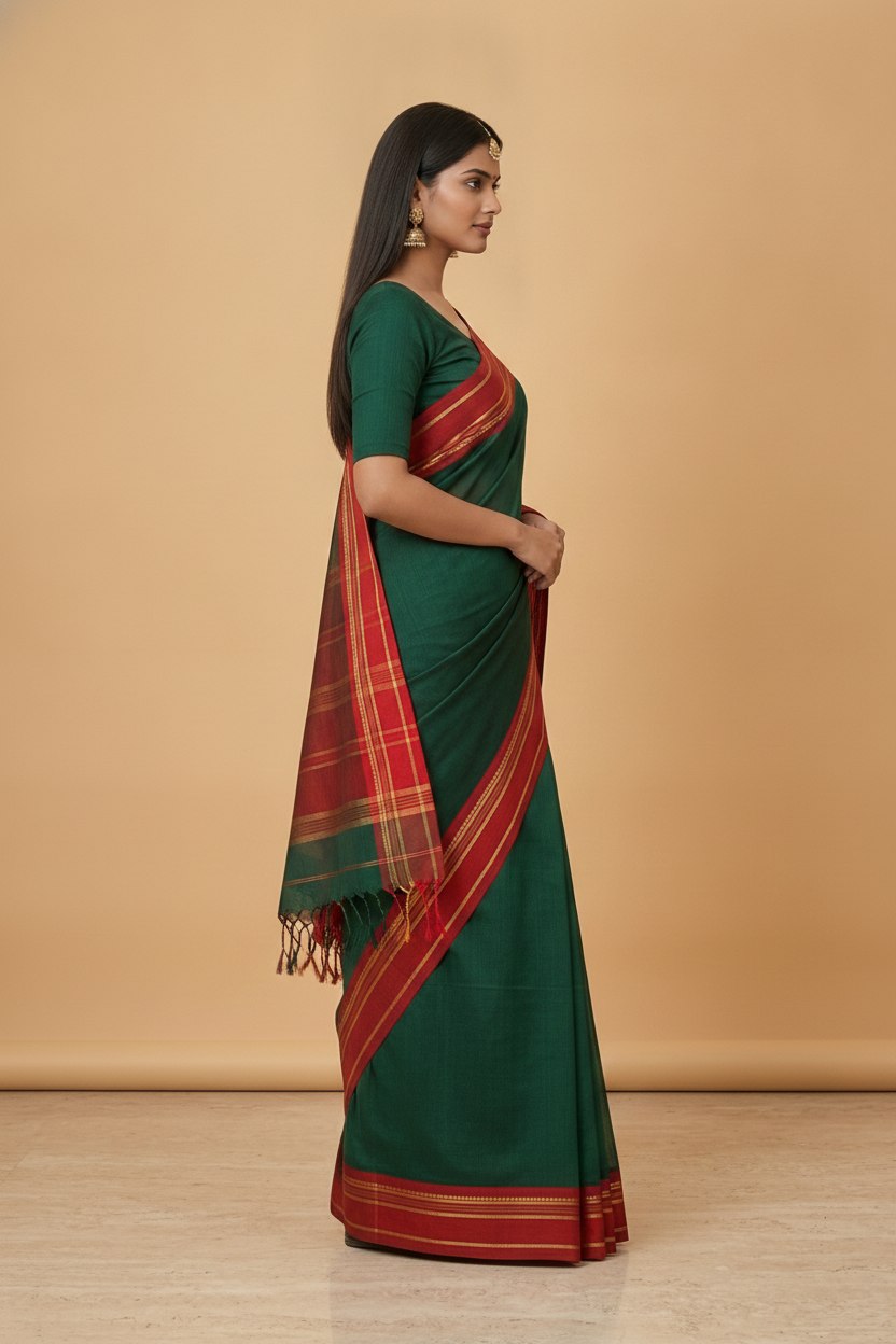 Mercerised Cotton Saree with Jacquard Zari Border in Green Red
