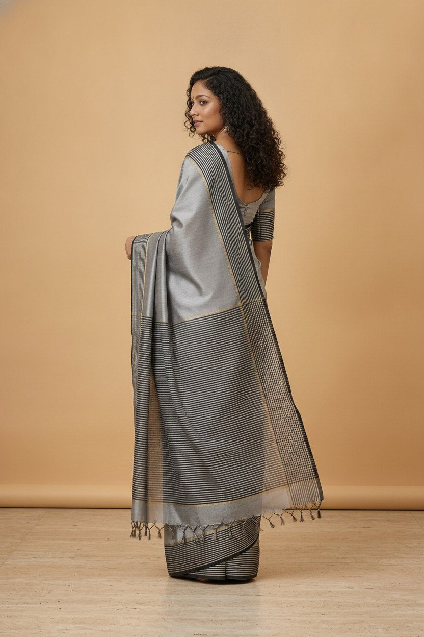 Mercerised Cotton Saree with Jacquard Zari Border in Grey Black