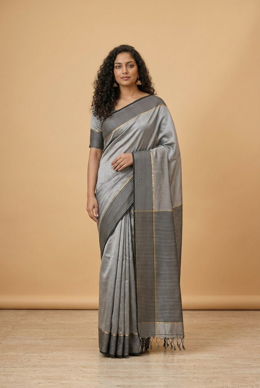 Mercerised Cotton Saree with Jacquard Zari Border in Grey Black