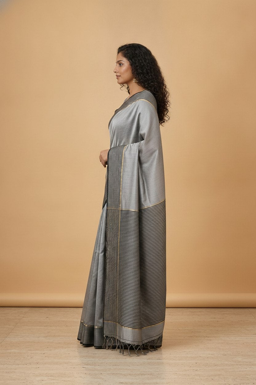 Mercerised Cotton Saree with Jacquard Zari Border in Grey Black