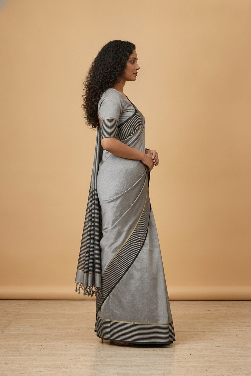 Mercerised Cotton Saree with Jacquard Zari Border in Grey Black