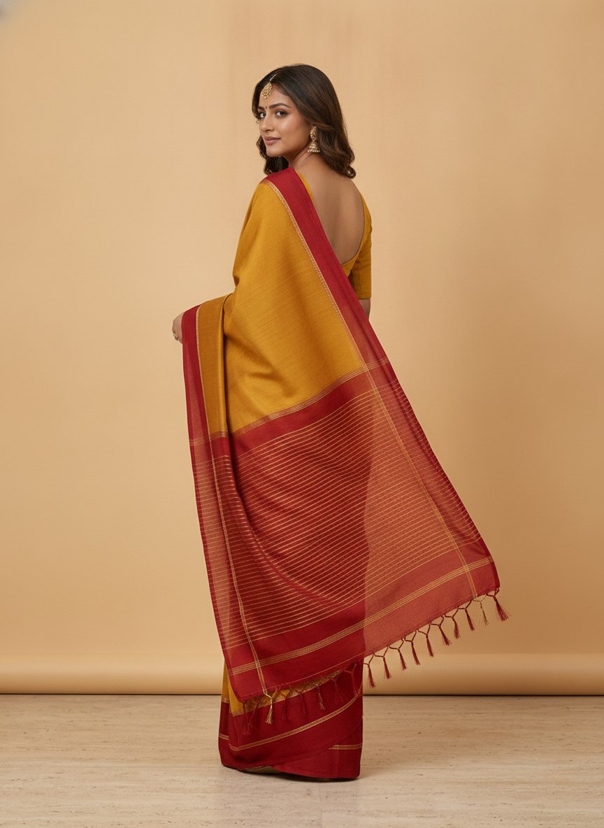 Mercerised Cotton Saree with Jacquard Zari Border in Mustard Red