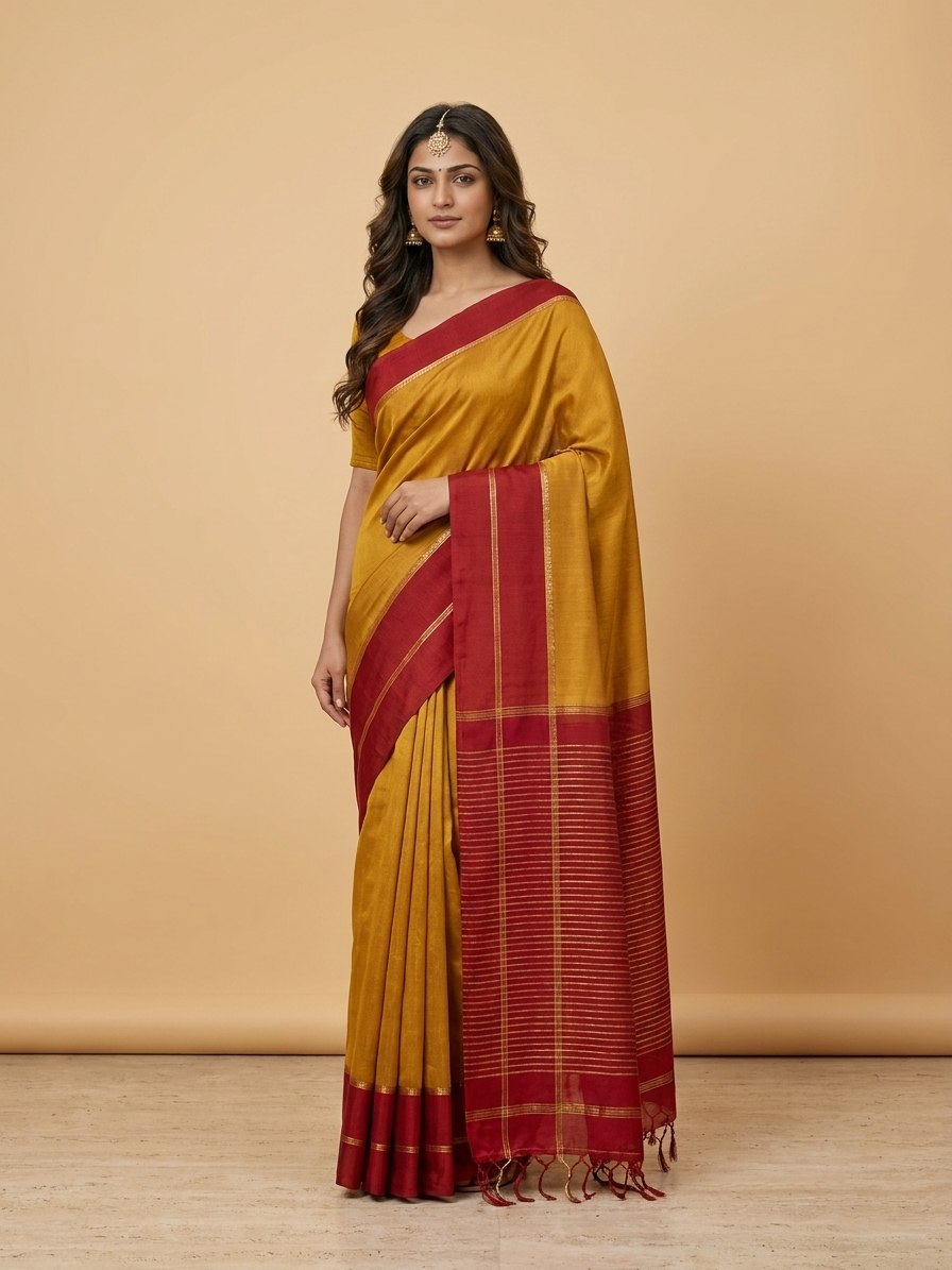 Mercerised Cotton Saree with Jacquard Zari Border in Mustard Red