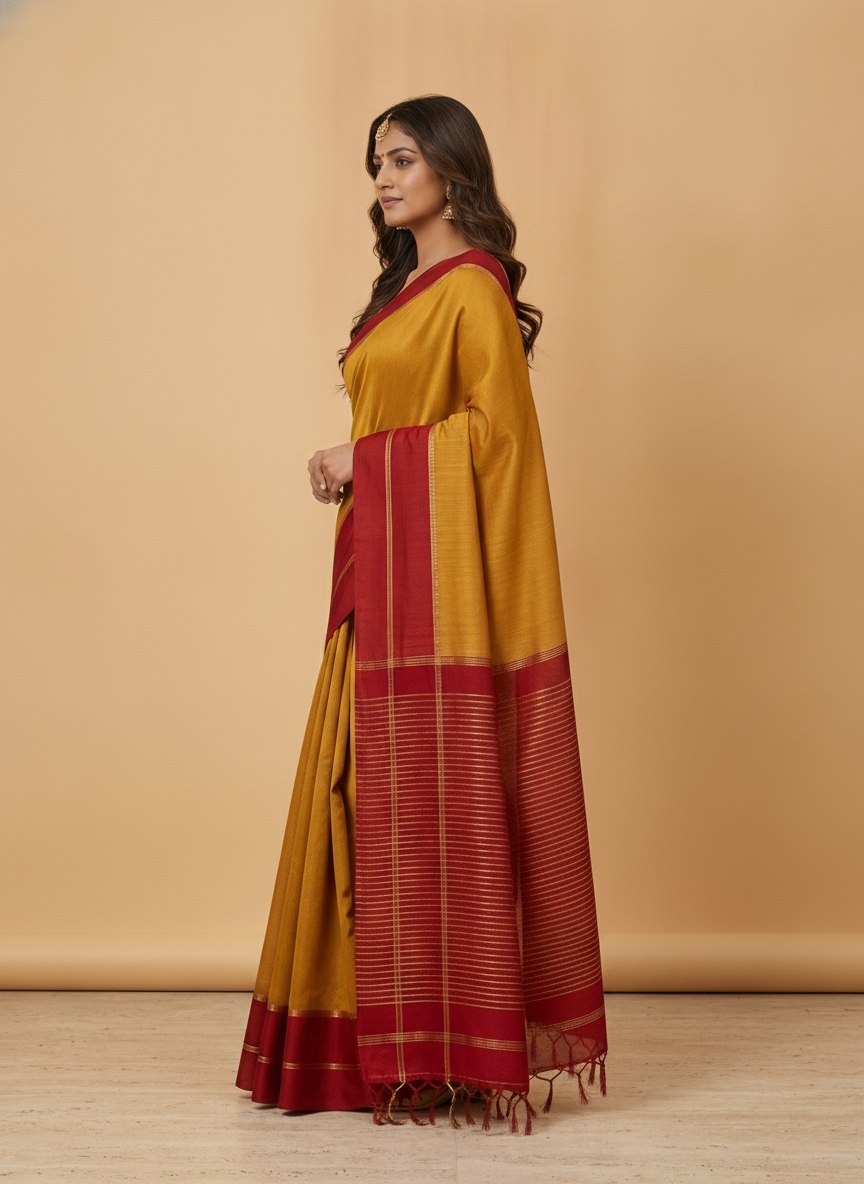Mercerised Cotton Saree with Jacquard Zari Border in Mustard Red