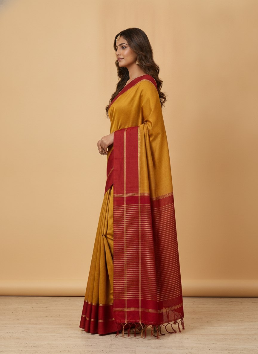 Mercerised Cotton Saree with Jacquard Zari Border in Mustard Red
