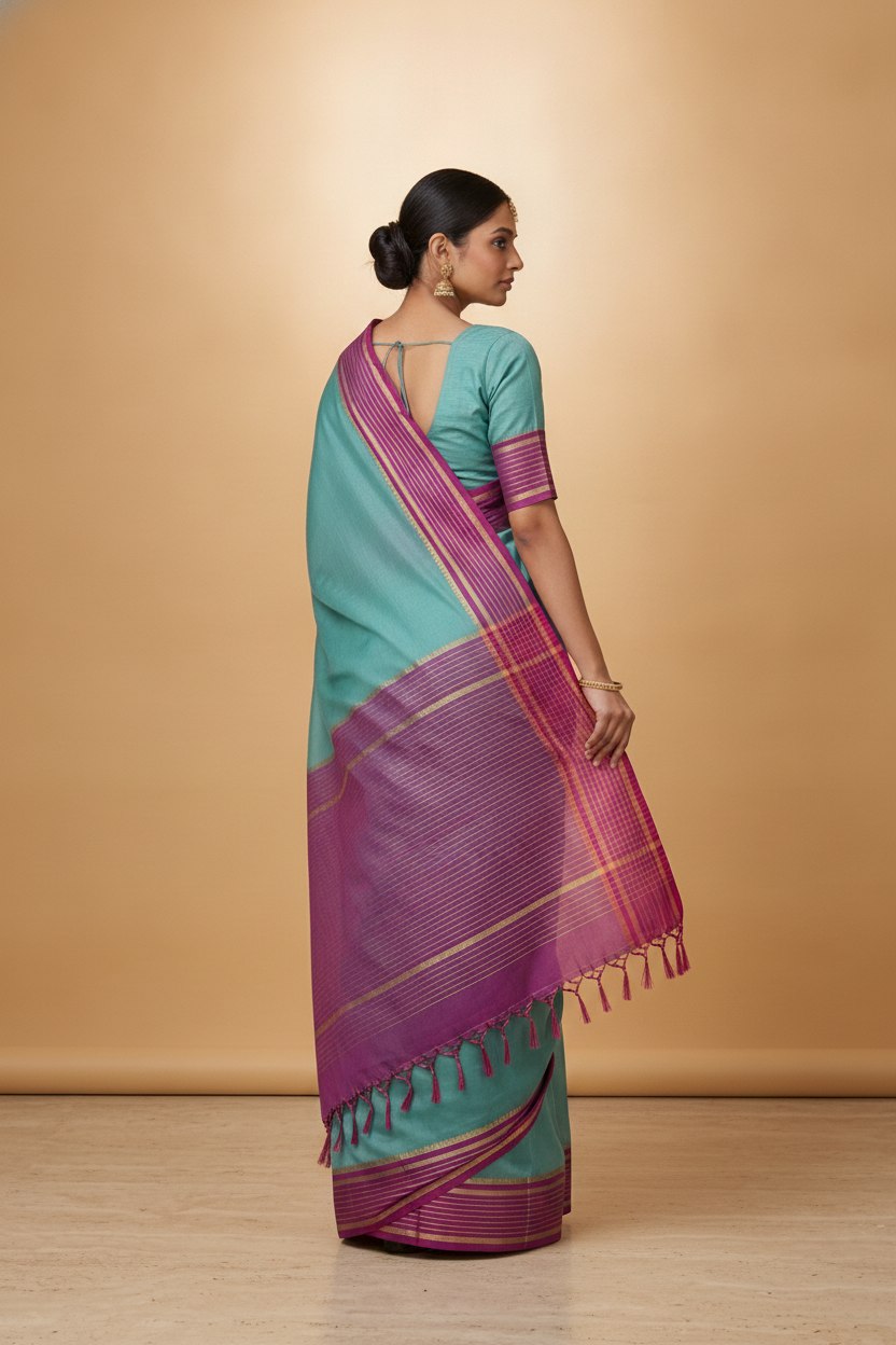 Mercerised Cotton Saree with Jacquard Zari Border in Teal Magenta
