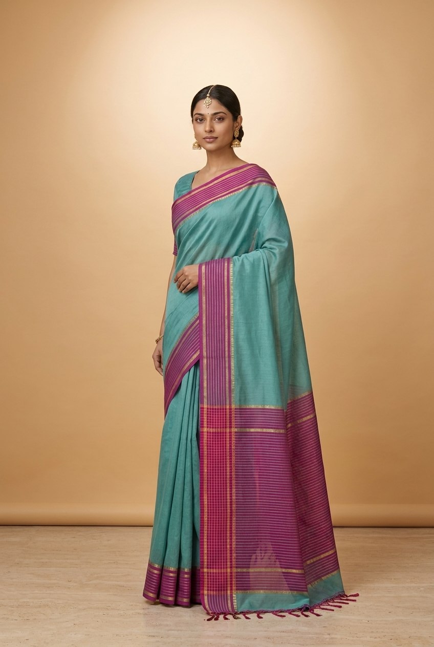 Mercerised Cotton Saree with Jacquard Zari Border in Teal Magenta