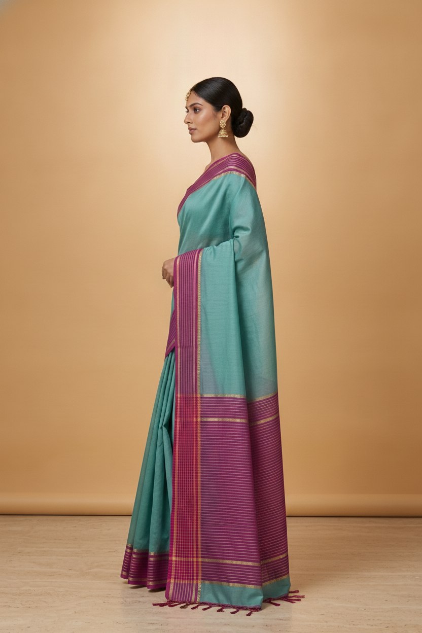 Mercerised Cotton Saree with Jacquard Zari Border in Teal Magenta