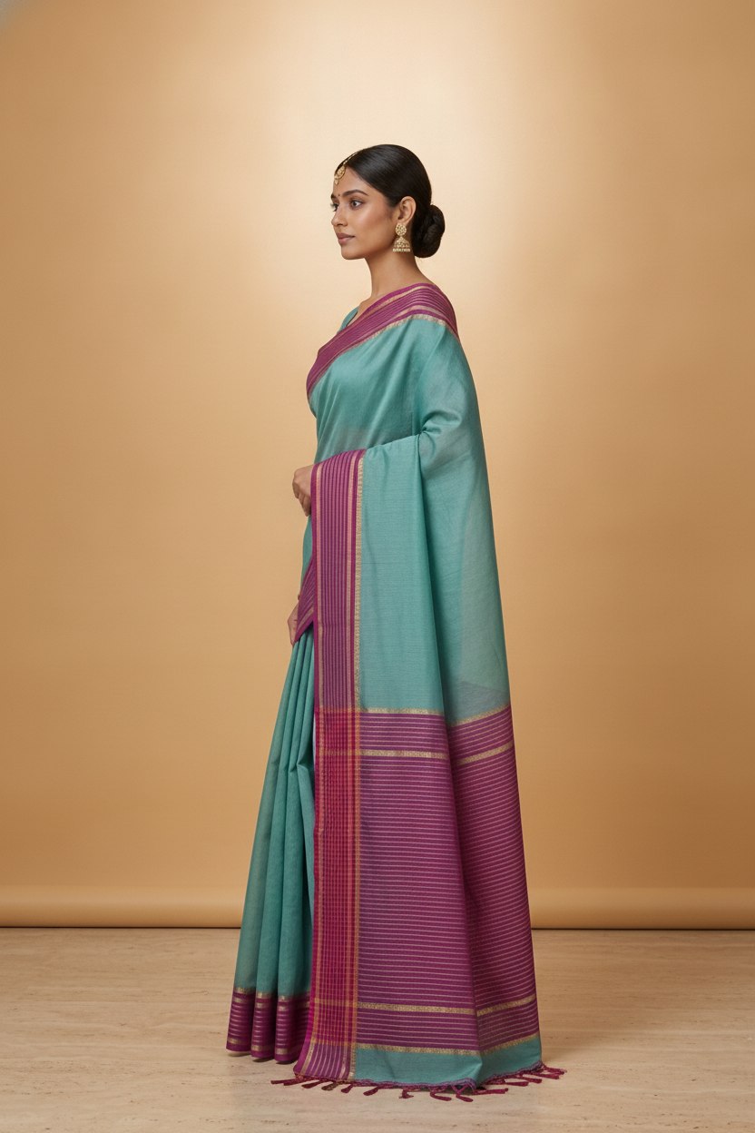 Mercerised Cotton Saree with Jacquard Zari Border in Teal Magenta