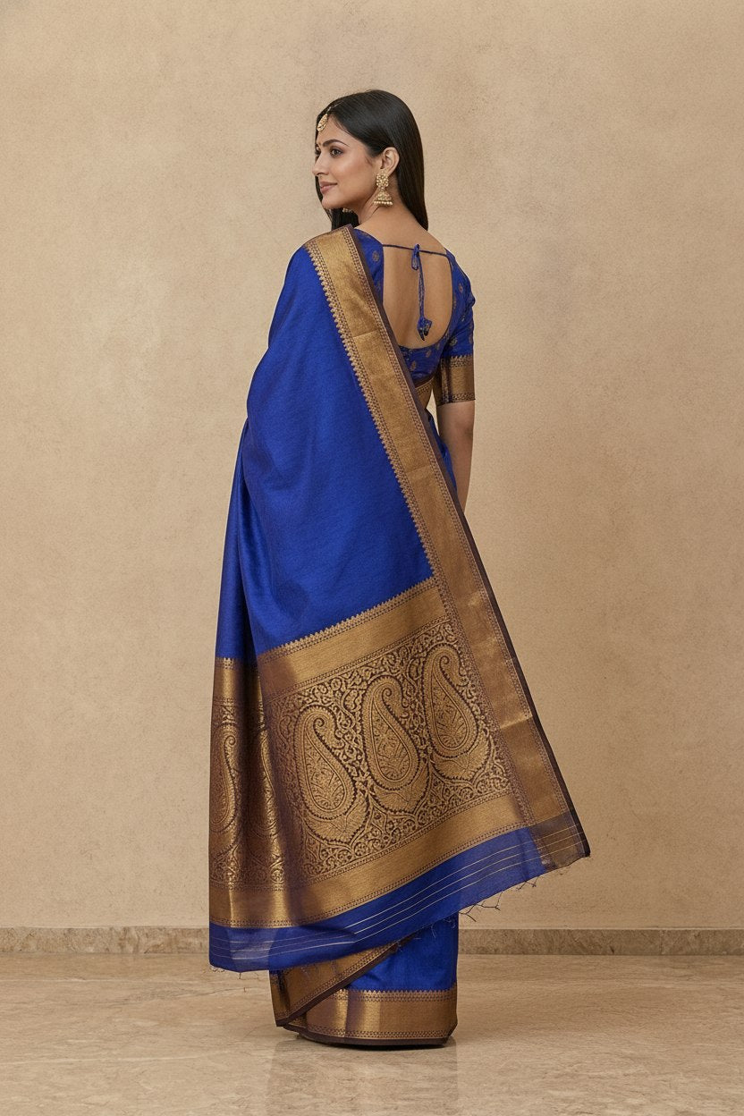 Tanchoi Resham Woven Mercerised Cotton Saree in Cobalt