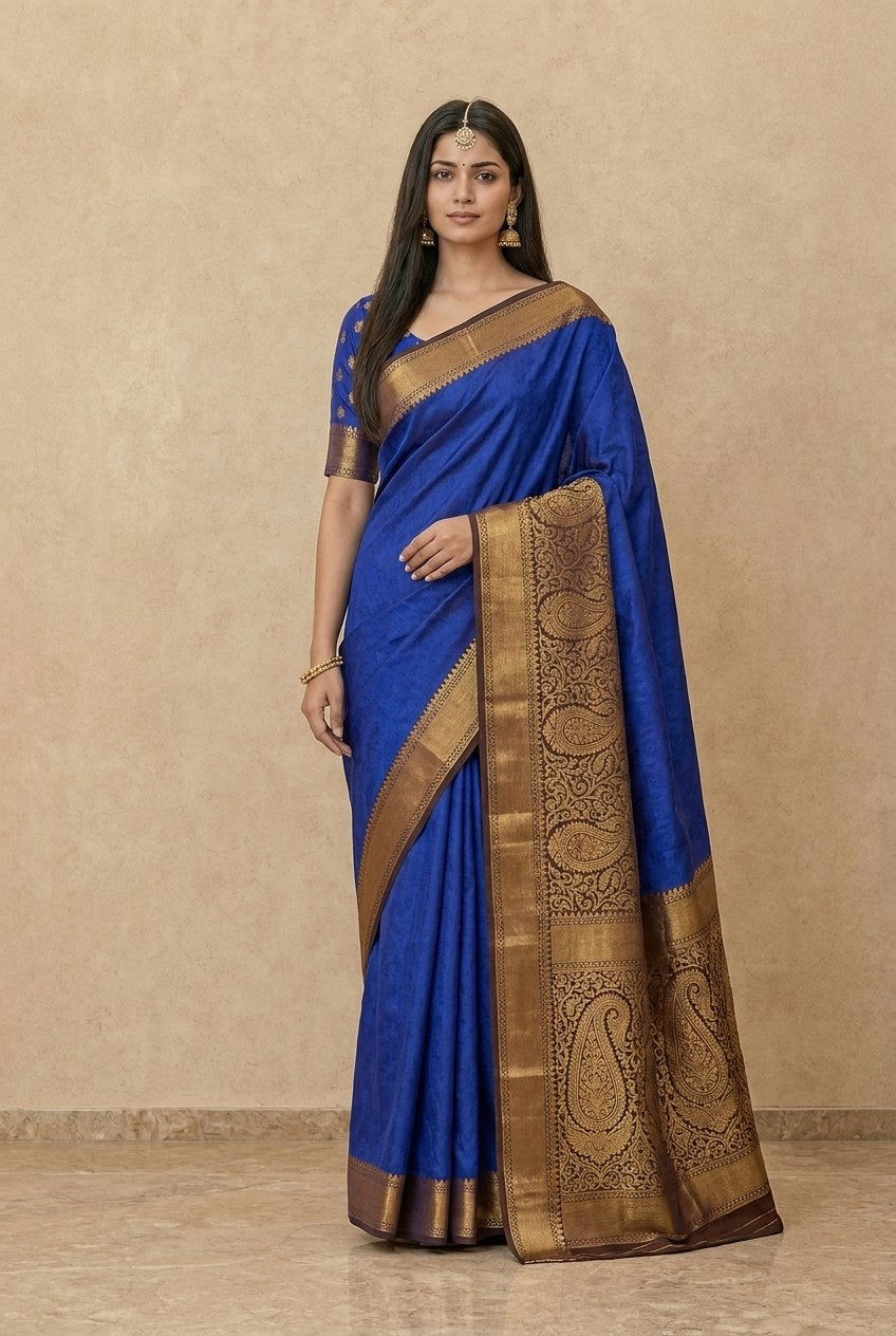 Tanchoi Resham Woven Mercerised Cotton Saree in Cobalt