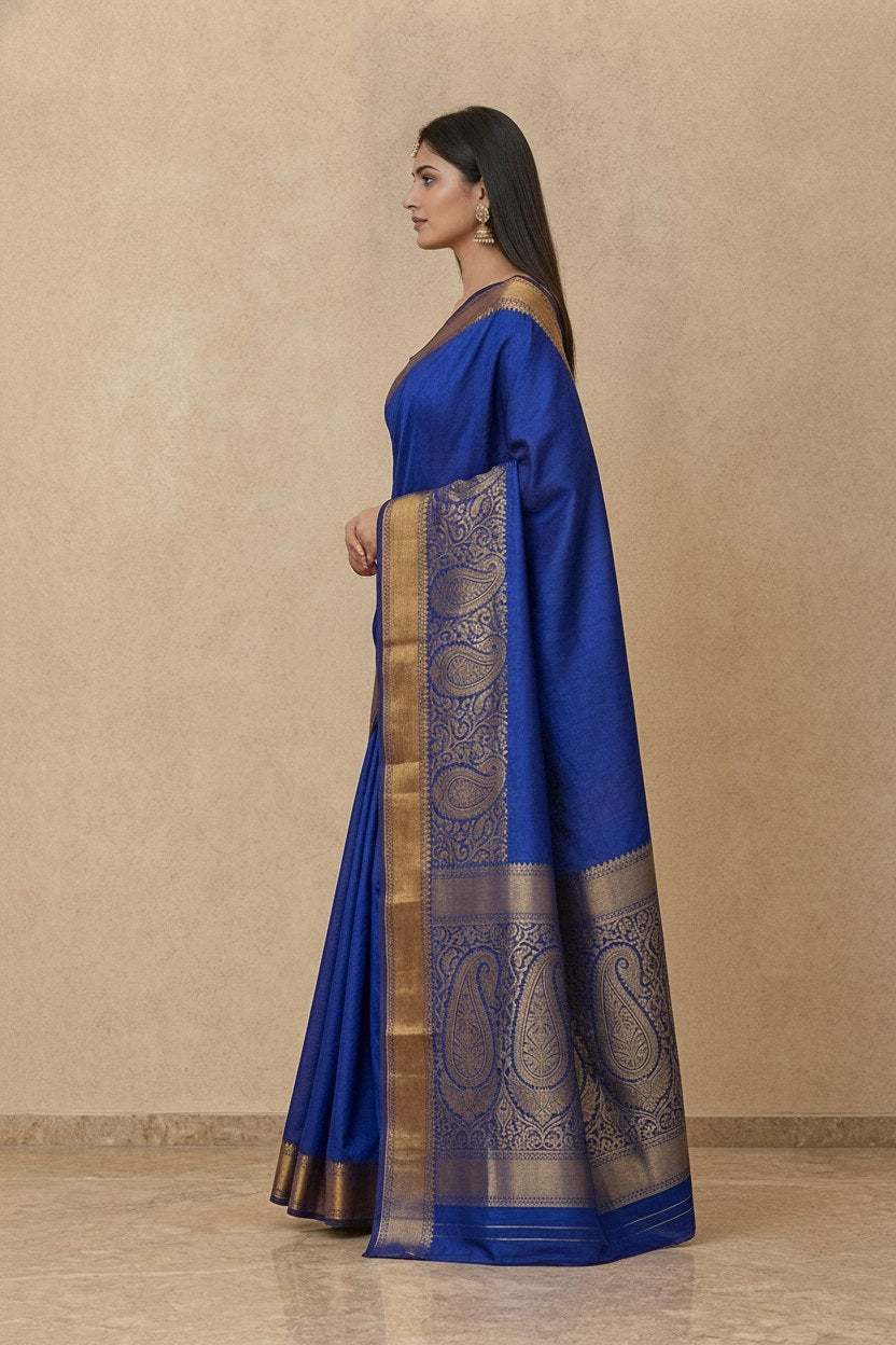 Tanchoi Resham Woven Mercerised Cotton Saree in Cobalt
