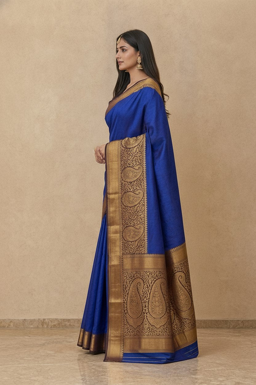 Tanchoi Resham Woven Mercerised Cotton Saree in Cobalt