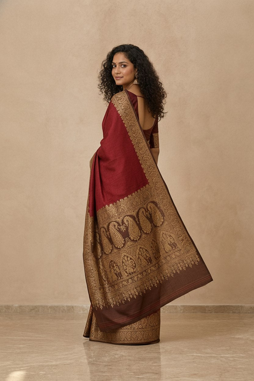 Tanchoi Resham Woven Mercerised Cotton Saree in Maroon