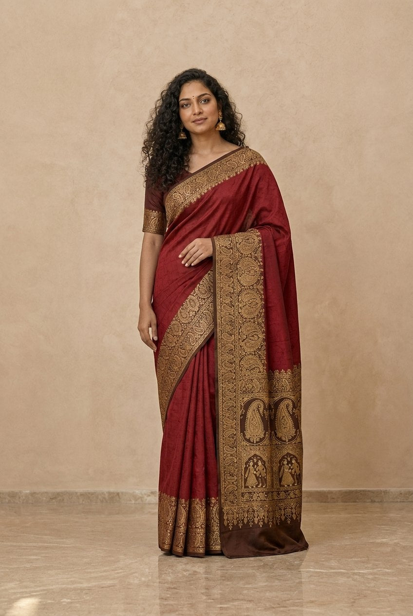 Tanchoi Resham Woven Mercerised Cotton Saree in Maroon
