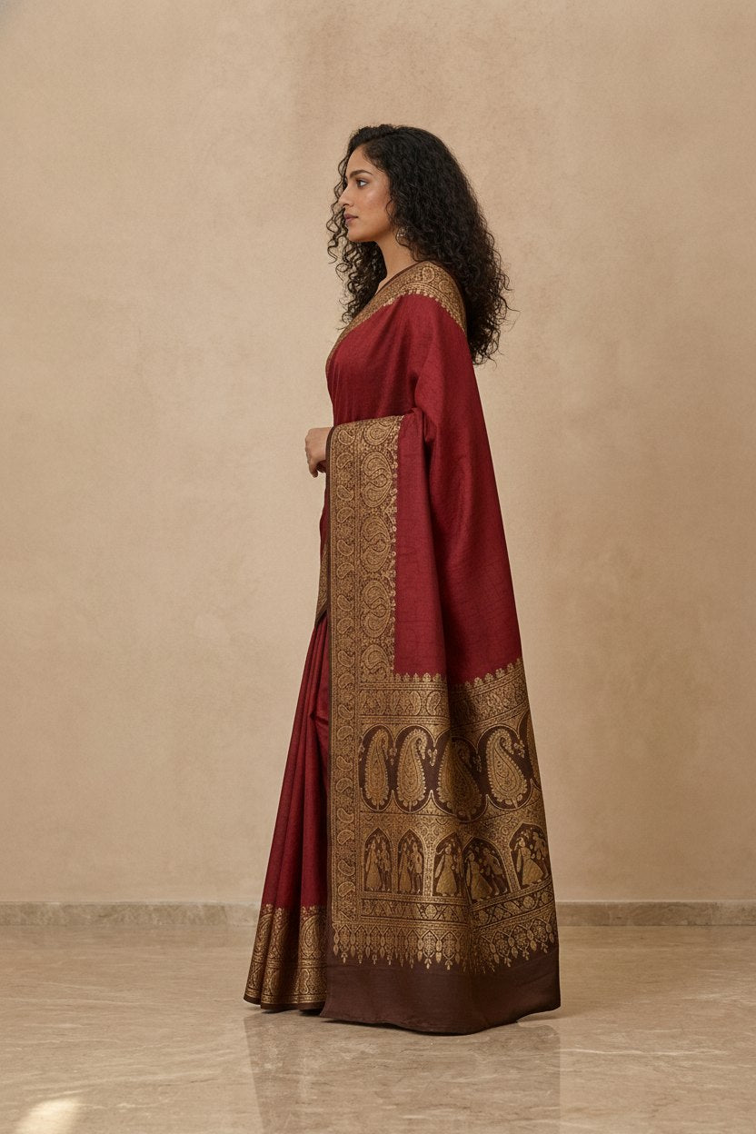 Tanchoi Resham Woven Mercerised Cotton Saree in Maroon
