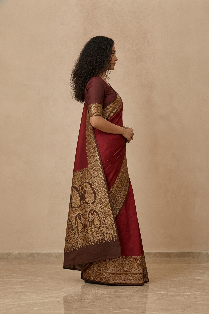 Tanchoi Resham Woven Mercerised Cotton Saree in Maroon