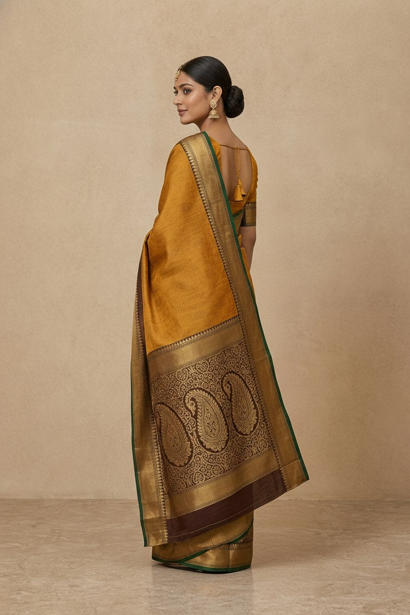Tanchoi Resham Woven Mercerised Cotton Saree in Mustard