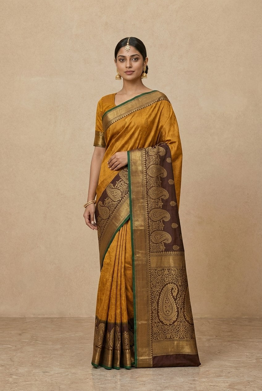 Tanchoi Resham Woven Mercerised Cotton Saree in Mustard