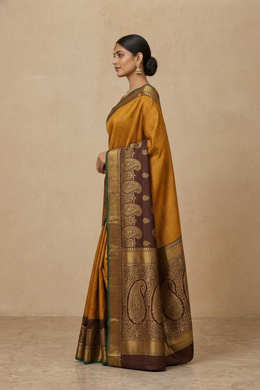 Tanchoi Resham Woven Mercerised Cotton Saree in Mustard