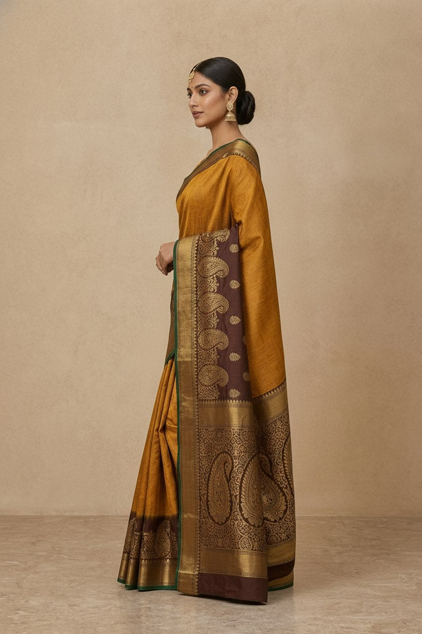 Tanchoi Resham Woven Mercerised Cotton Saree in Mustard