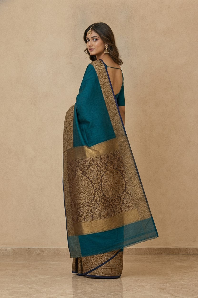 Tanchoi Resham Woven Mercerised Cotton Saree in Teal