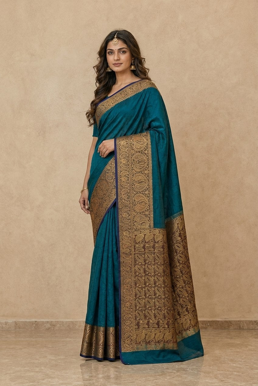 Tanchoi Resham Woven Mercerised Cotton Saree in Teal