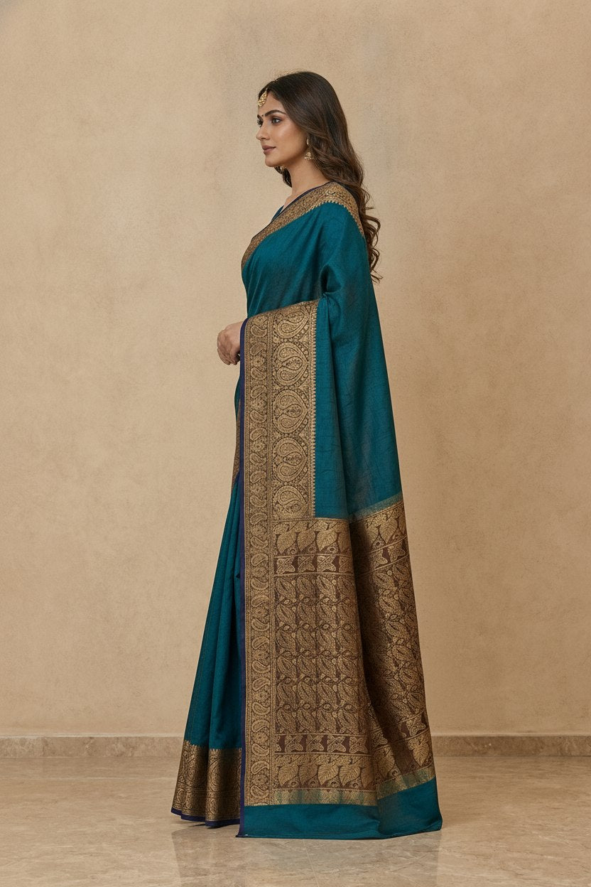 Tanchoi Resham Woven Mercerised Cotton Saree in Teal