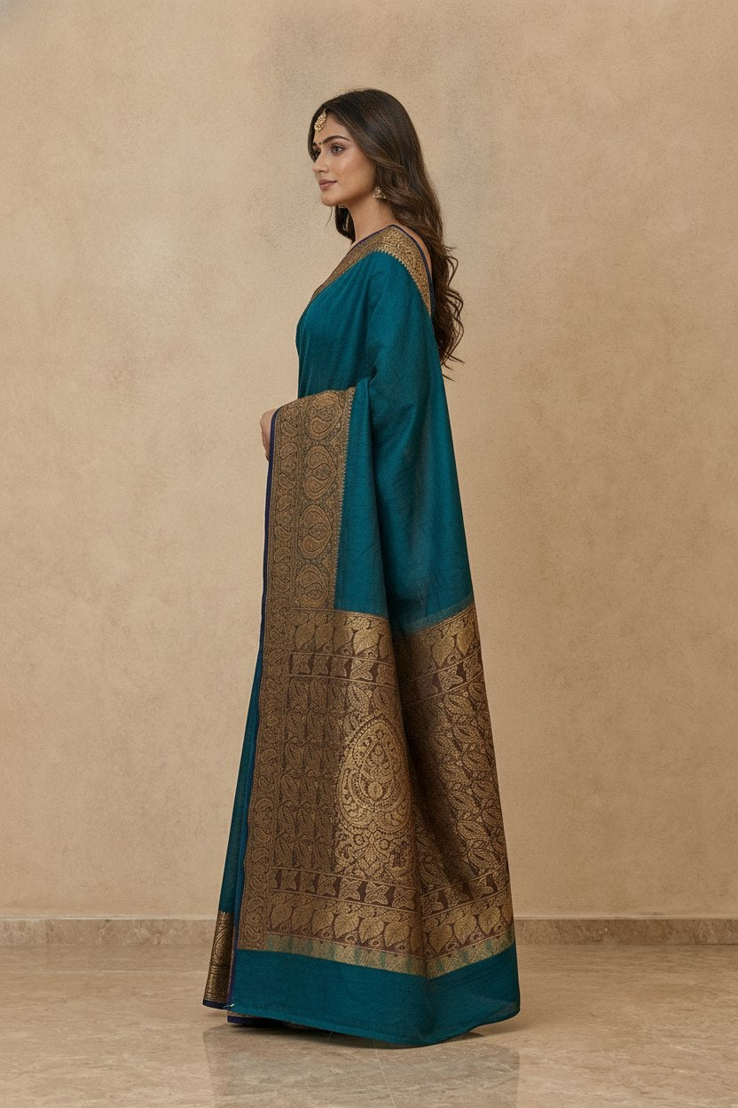Tanchoi Resham Woven Mercerised Cotton Saree in Teal