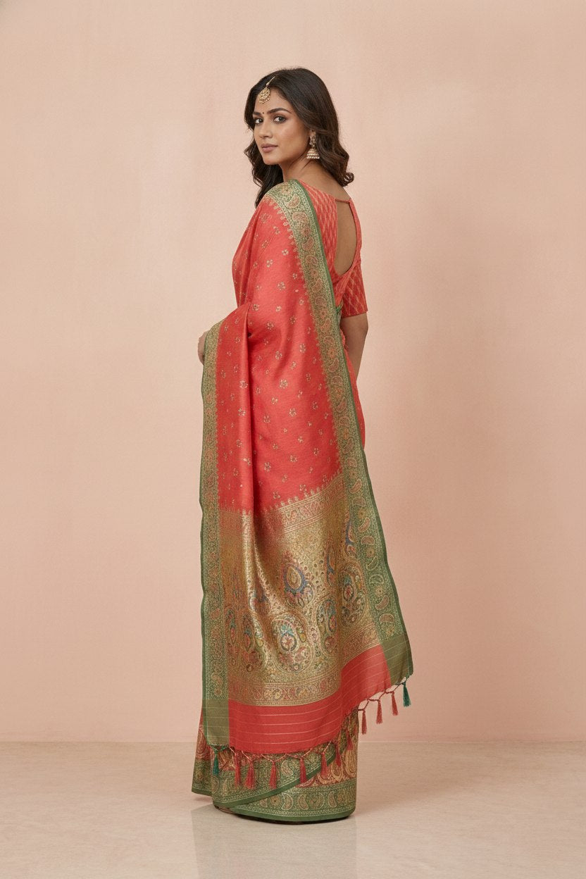Ikkat-Inspired Resham Woven Cotton Silk Saree in Coral Red