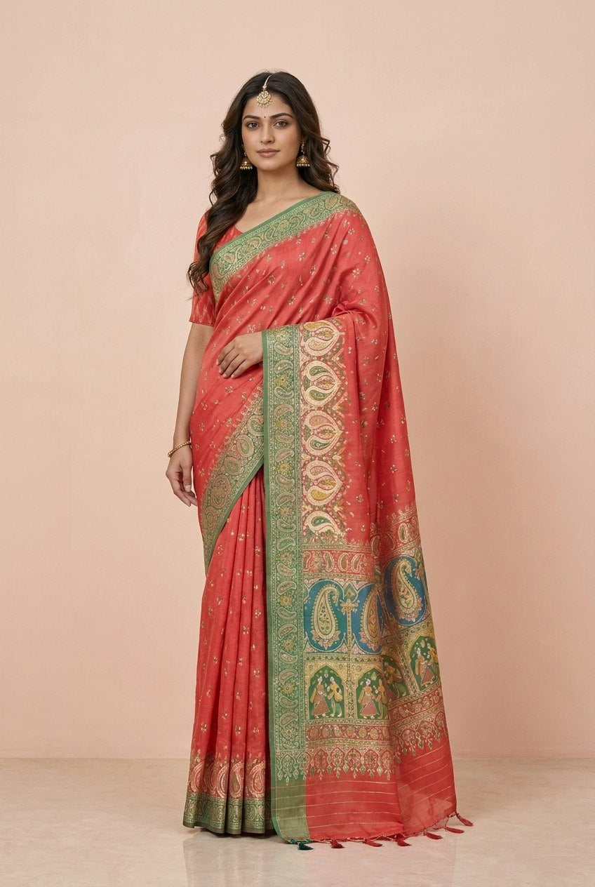 Ikkat-Inspired Resham Woven Cotton Silk Saree in Coral Red