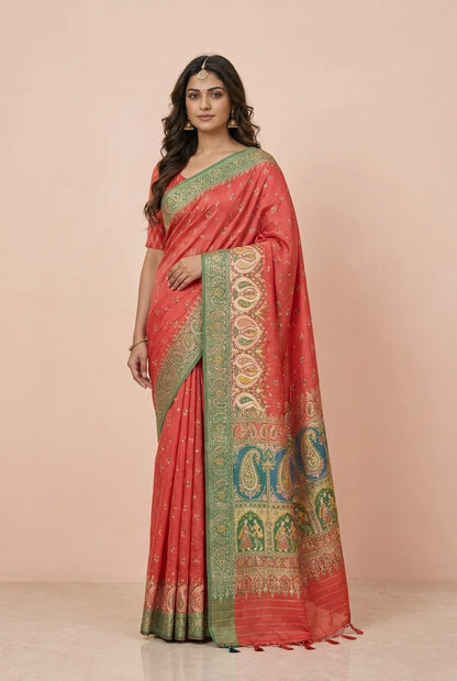 Ikkat-Inspired Resham Woven Cotton Silk Saree in Coral Red