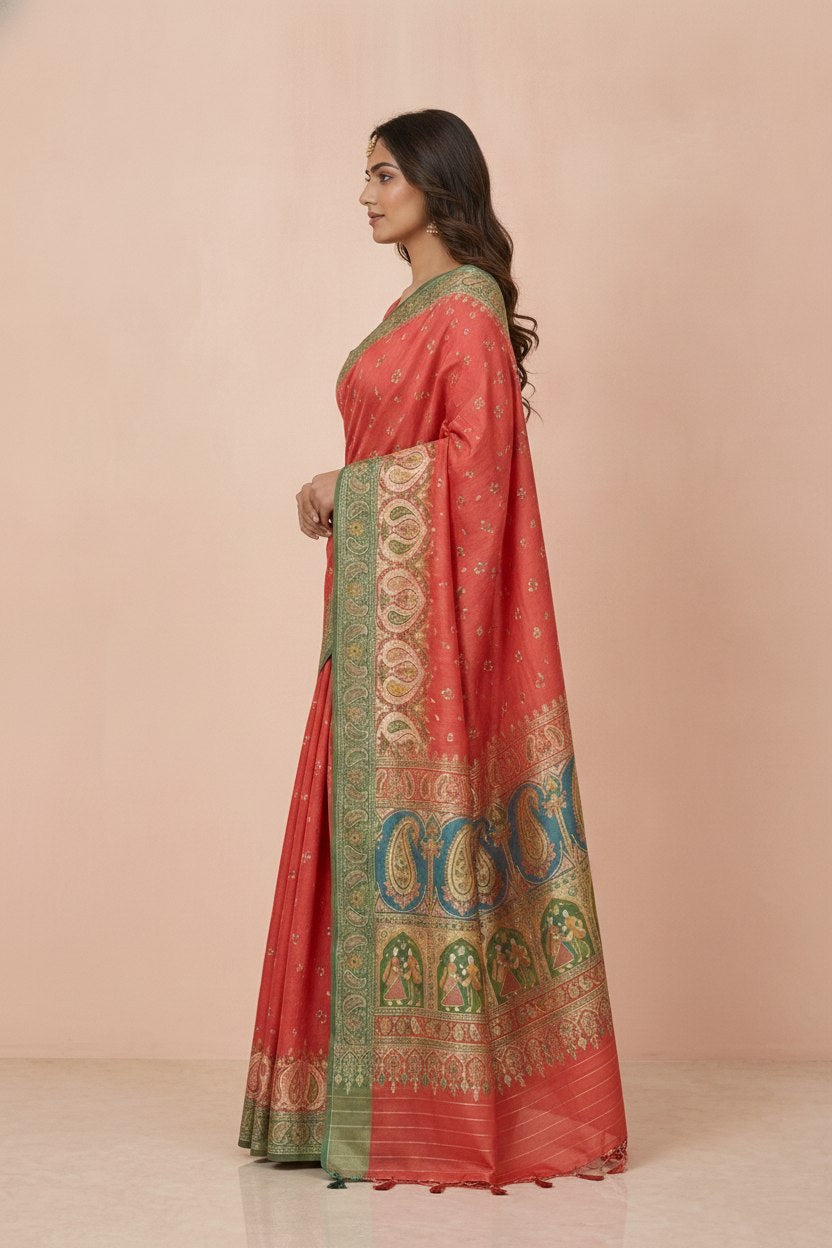 Ikkat-Inspired Resham Woven Cotton Silk Saree in Coral Red