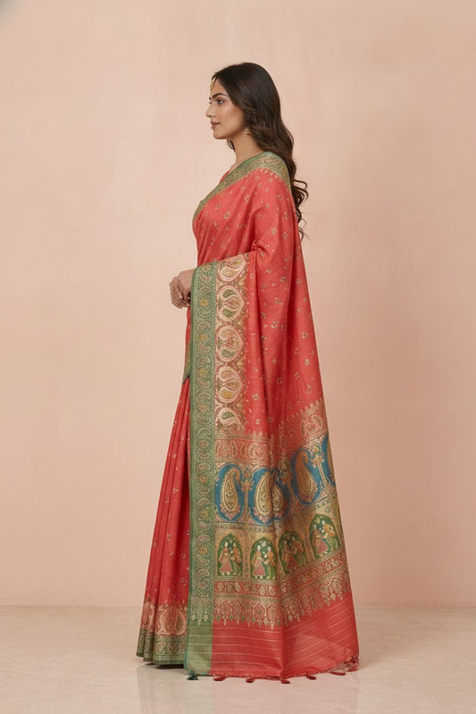Ikkat-Inspired Resham Woven Cotton Silk Saree in Coral Red