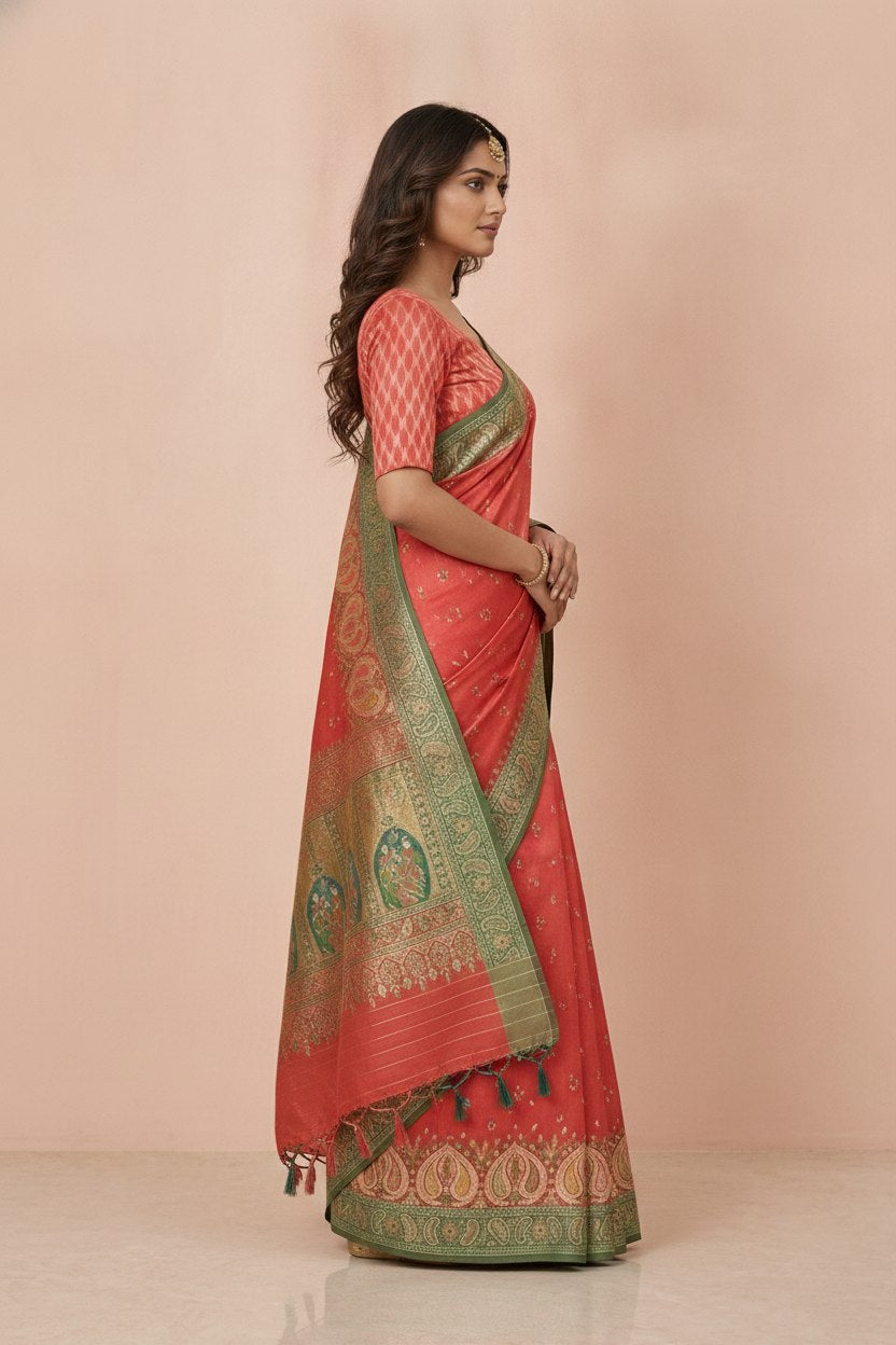 Ikkat-Inspired Resham Woven Cotton Silk Saree in Coral Red