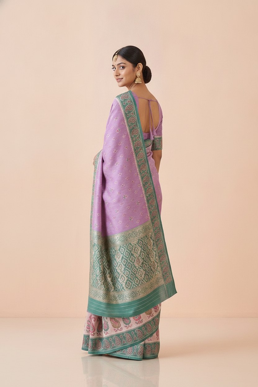 Ikkat-Inspired Resham Woven Cotton Silk Saree in Lilac