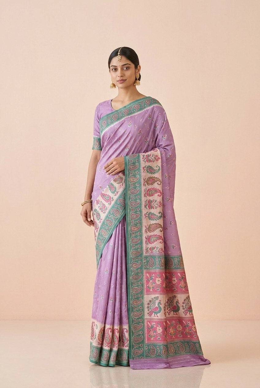 Ikkat-Inspired Resham Woven Cotton Silk Saree in Lilac