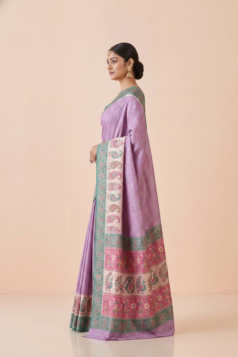 Ikkat-Inspired Resham Woven Cotton Silk Saree in Lilac