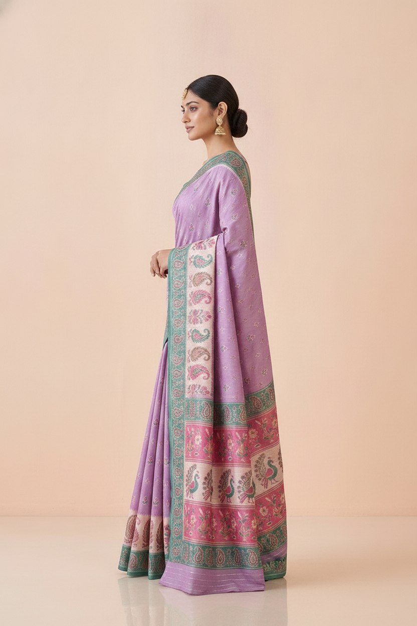 Ikkat-Inspired Resham Woven Cotton Silk Saree in Lilac