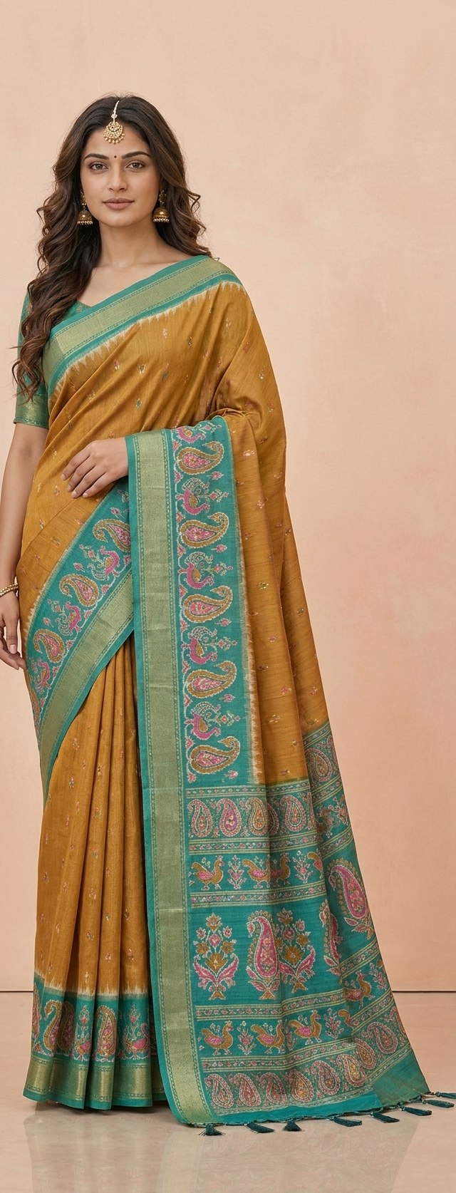 Ikkat-Inspired Resham Woven Cotton Silk Saree in Mustard