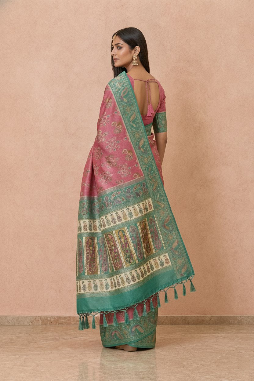 Ikkat-Inspired Resham Woven Cotton Silk Saree in Rose Pink