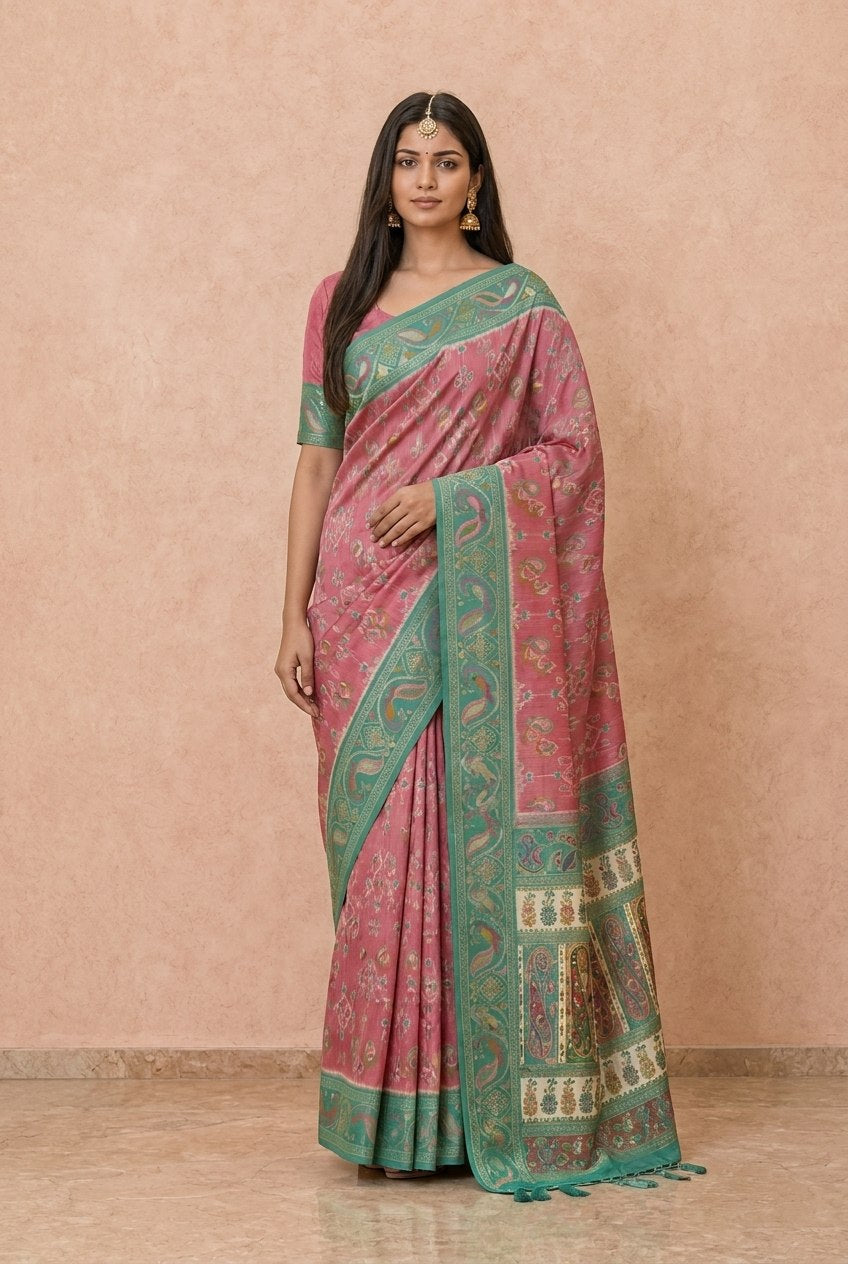 Ikkat-Inspired Resham Woven Cotton Silk Saree in Rose Pink