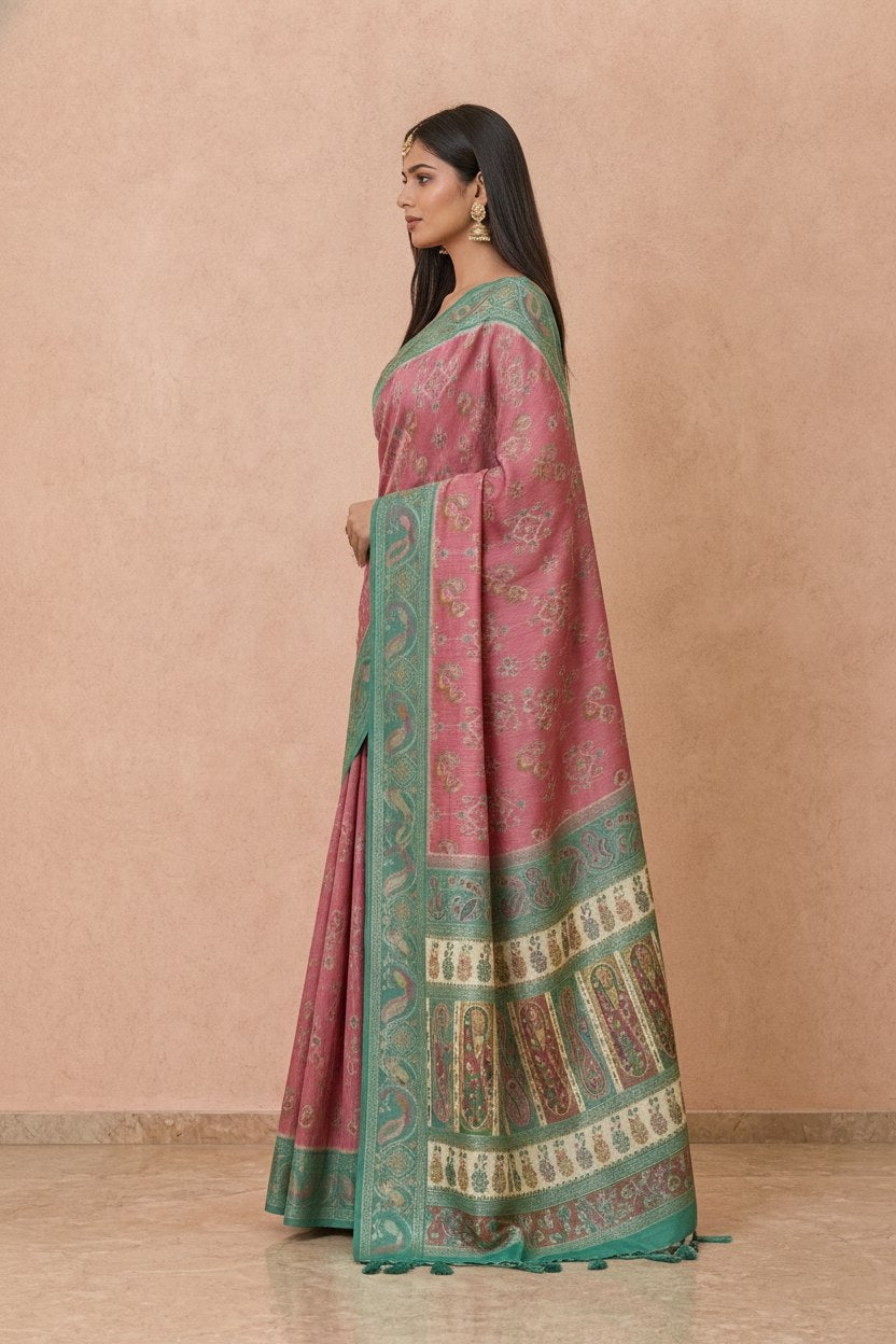 Ikkat-Inspired Resham Woven Cotton Silk Saree in Rose Pink