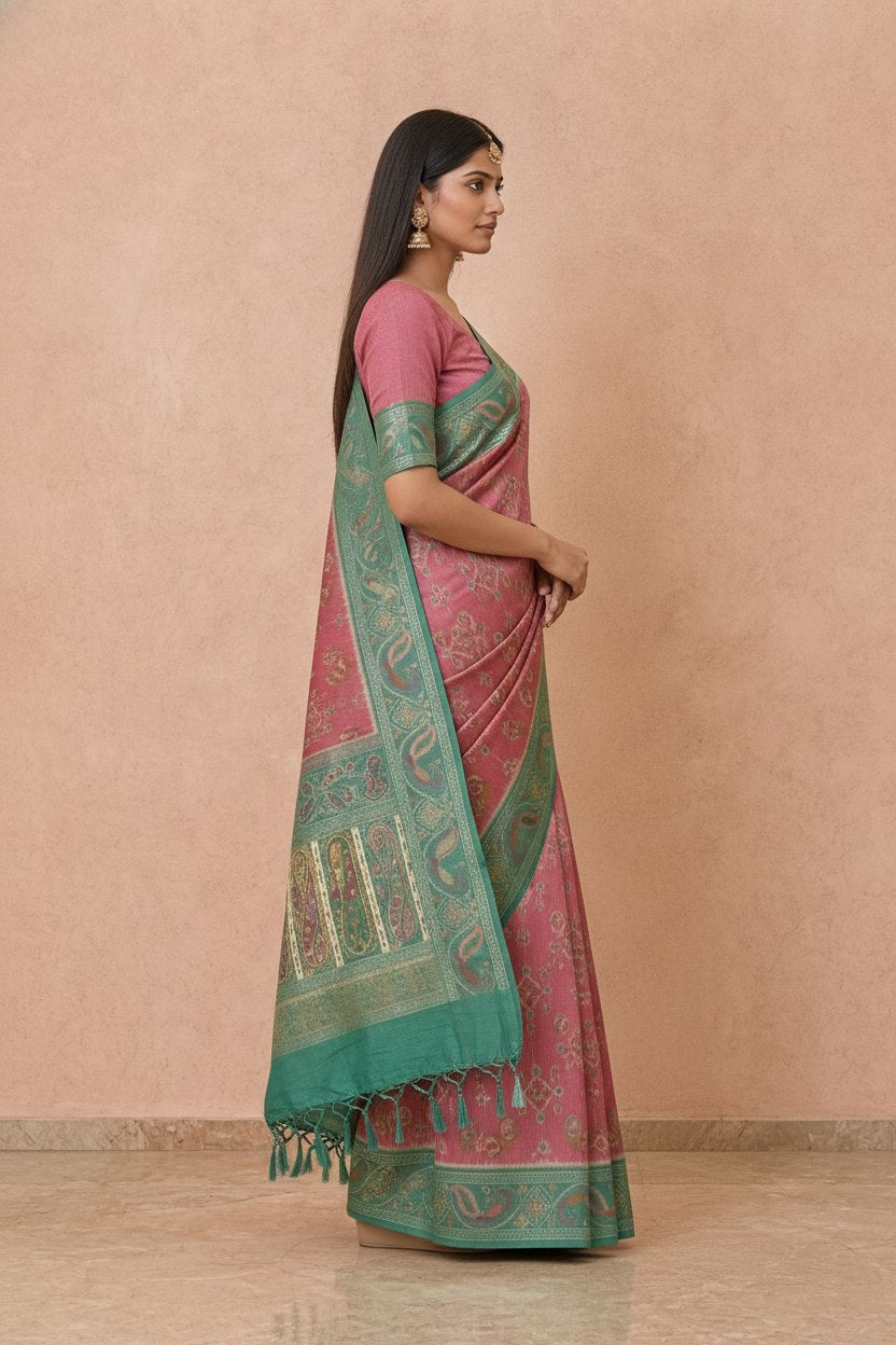 Ikkat-Inspired Resham Woven Cotton Silk Saree in Rose Pink